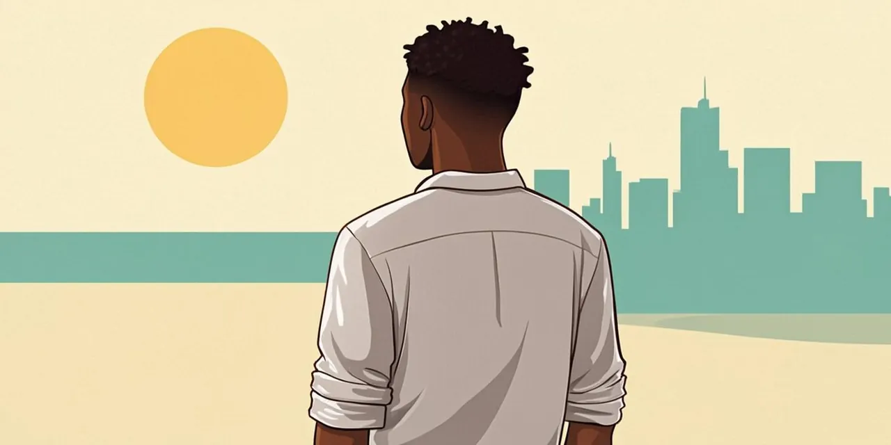 Illustration of a man overlooking the Windhoek skyline at dawn